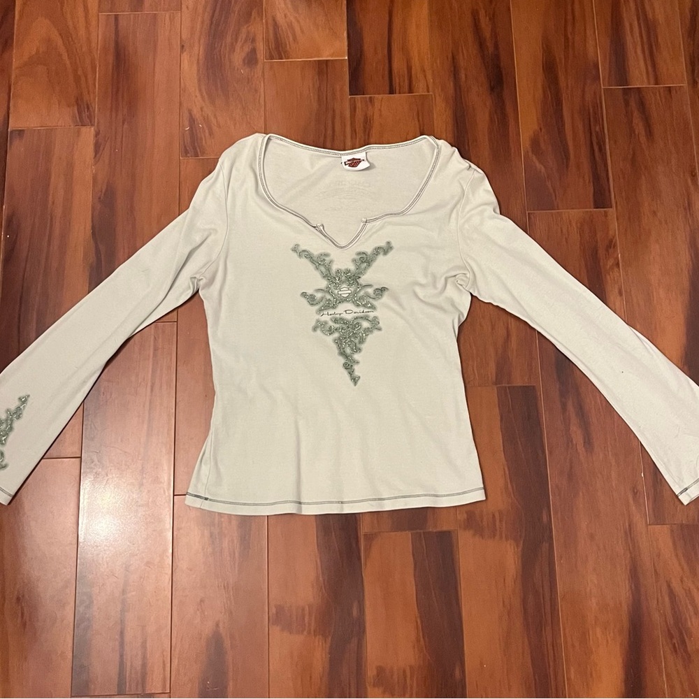 Women's Green Cream Top with Dark Green Embroidery